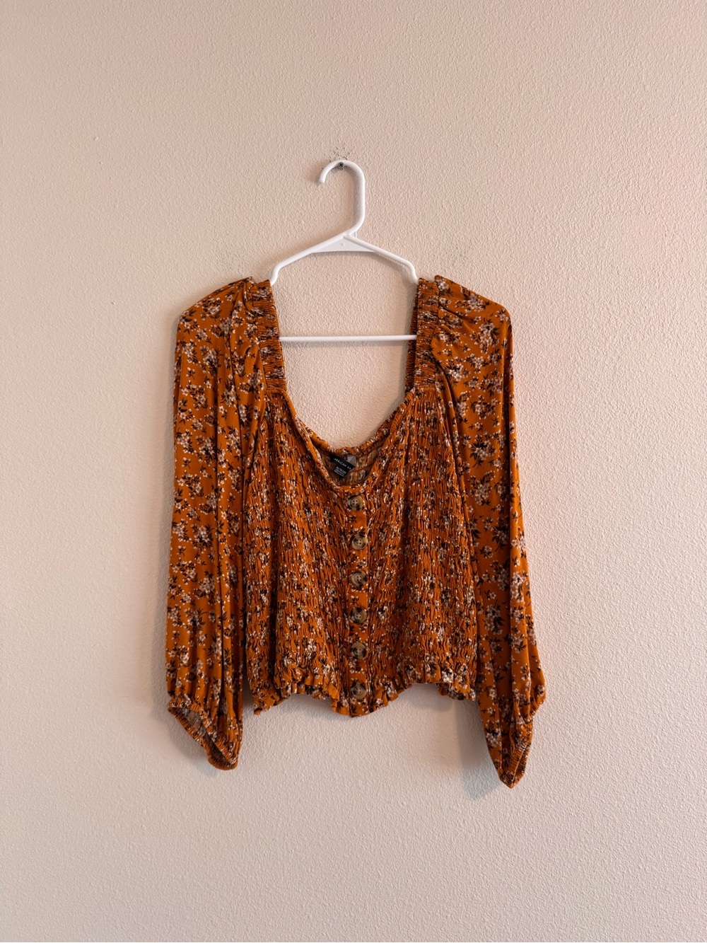 American Eagle Outfitters Burnt Orange Floral Smocked Button Blouse